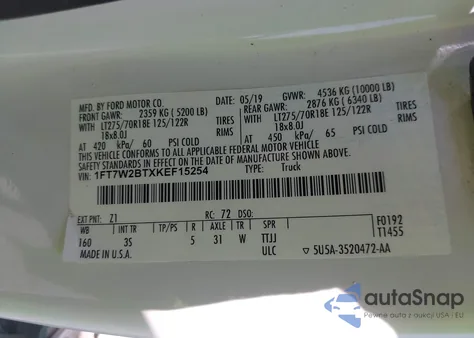 2019 Ford F-250 Xlt из США, поврежденный, VIN 1FT7W2BTXKEF15254